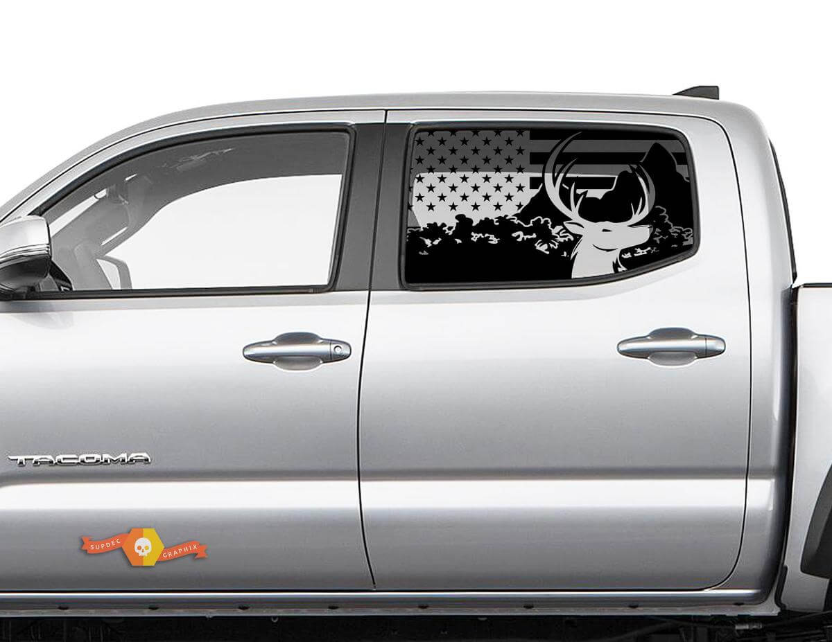 Autocollant de fenêtre latérale détruit par l'orignal de forêt de drapeau américain pour Toyota Tacoma 4Runner Tundra
