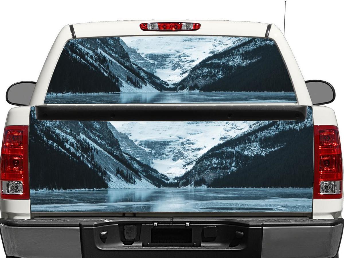 Autocollant en vinyle paysage montagnes enneigées pour lunette arrière ou hayon de pick-up et SUV