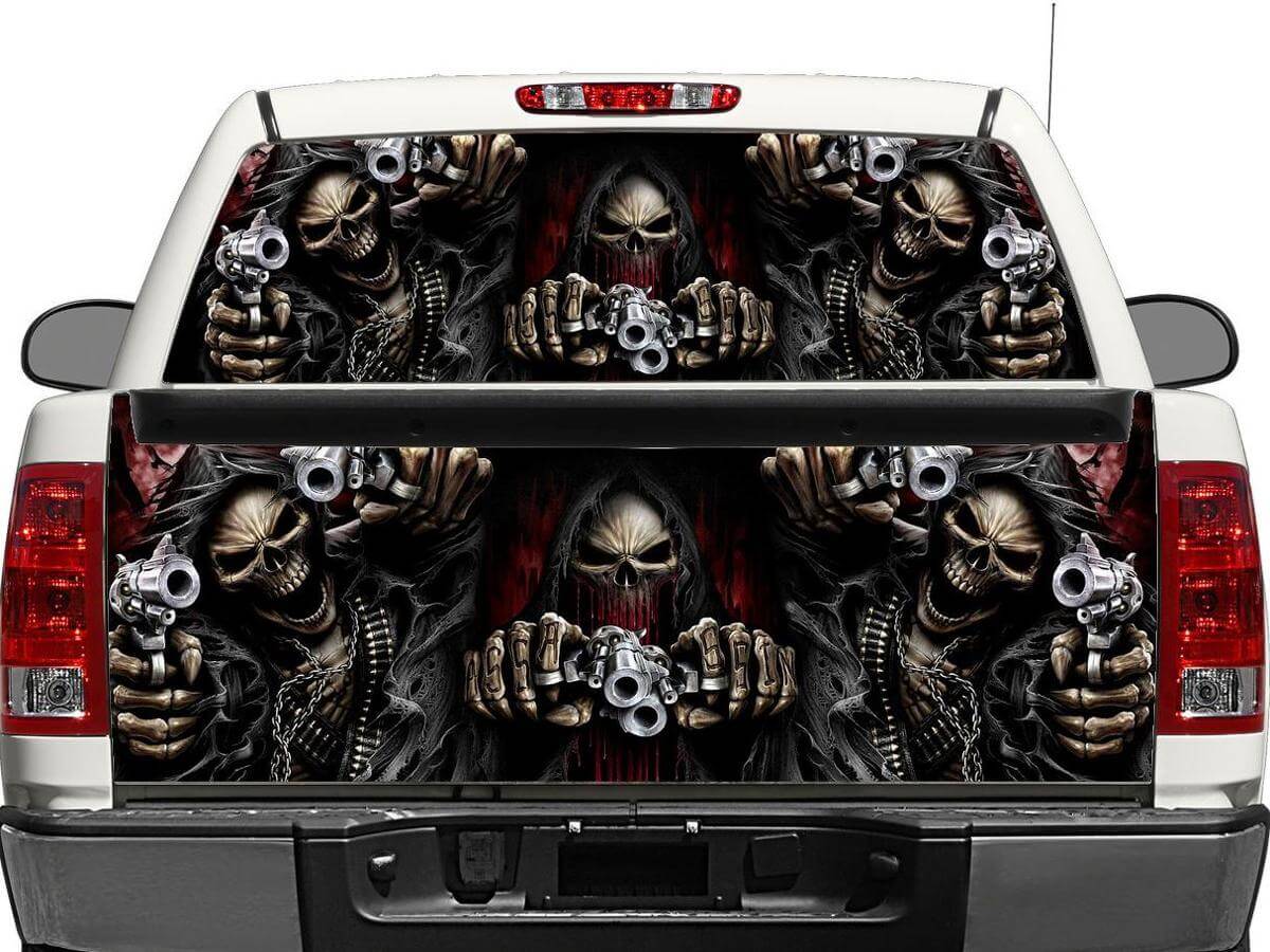 Autocollant en vinyle Têtes de mort & Pistolets pour lunette arrière ou hayon de pick-ups et SUV