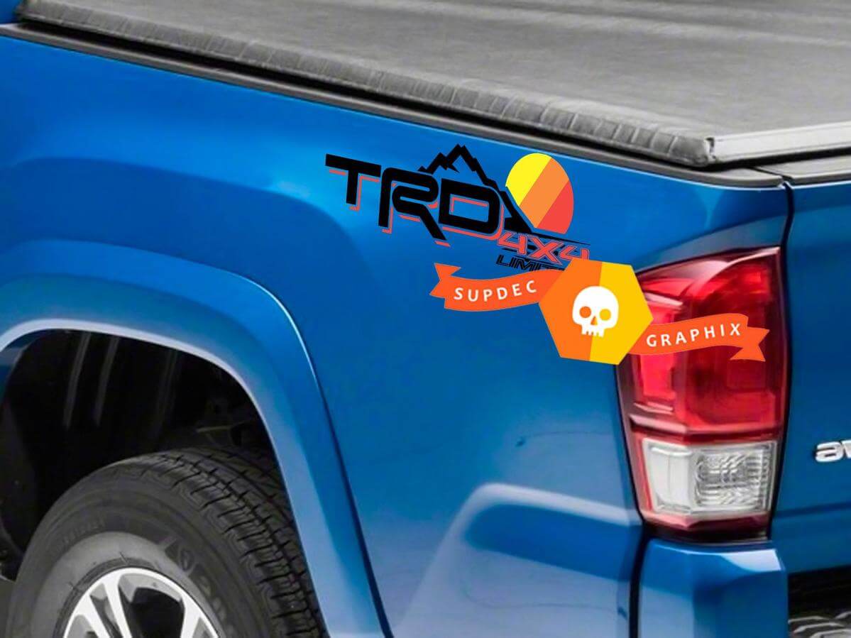 Autocollants en vinyle avec logo coucher de soleil vintage TRD Mountains 2 pièces pour Toyota Tacoma Tundra FJ Cruiser