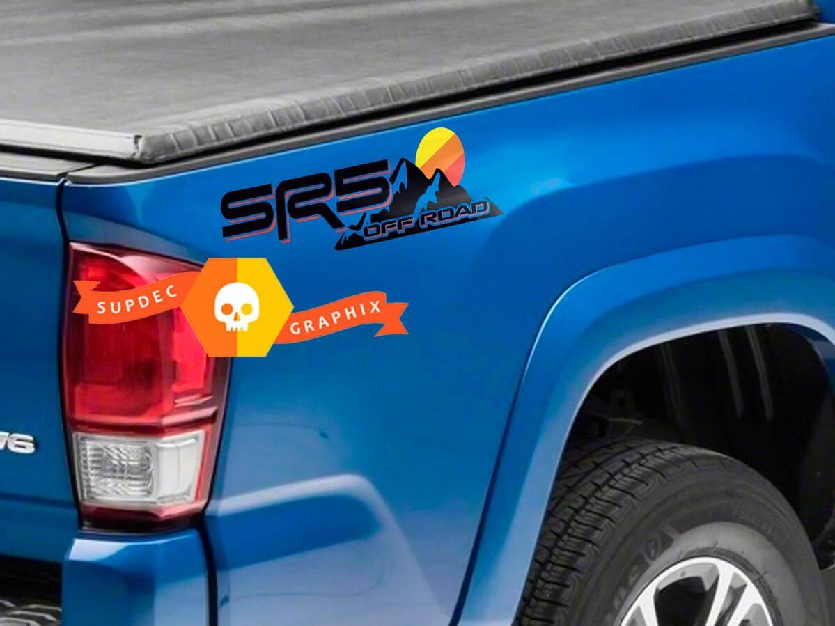 Paire d'autocollants en vinyle pour côtés de benne SR5 Off-Road Coucher de soleil en montagne pour camions Toyota