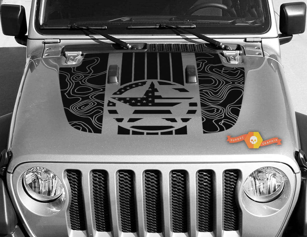 Kit d'autocollants vinyle avec motif topographique en forme d'étoile du drapeau USA pour capot de Jeep Gladiator Wrangler
