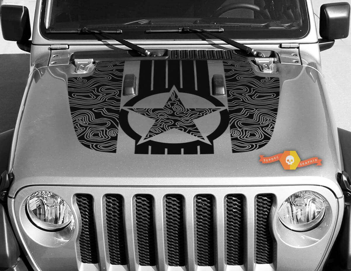 Autocollant en vinyle carte topographique Military Star pour capot Jeep Wrangler et Gladiator