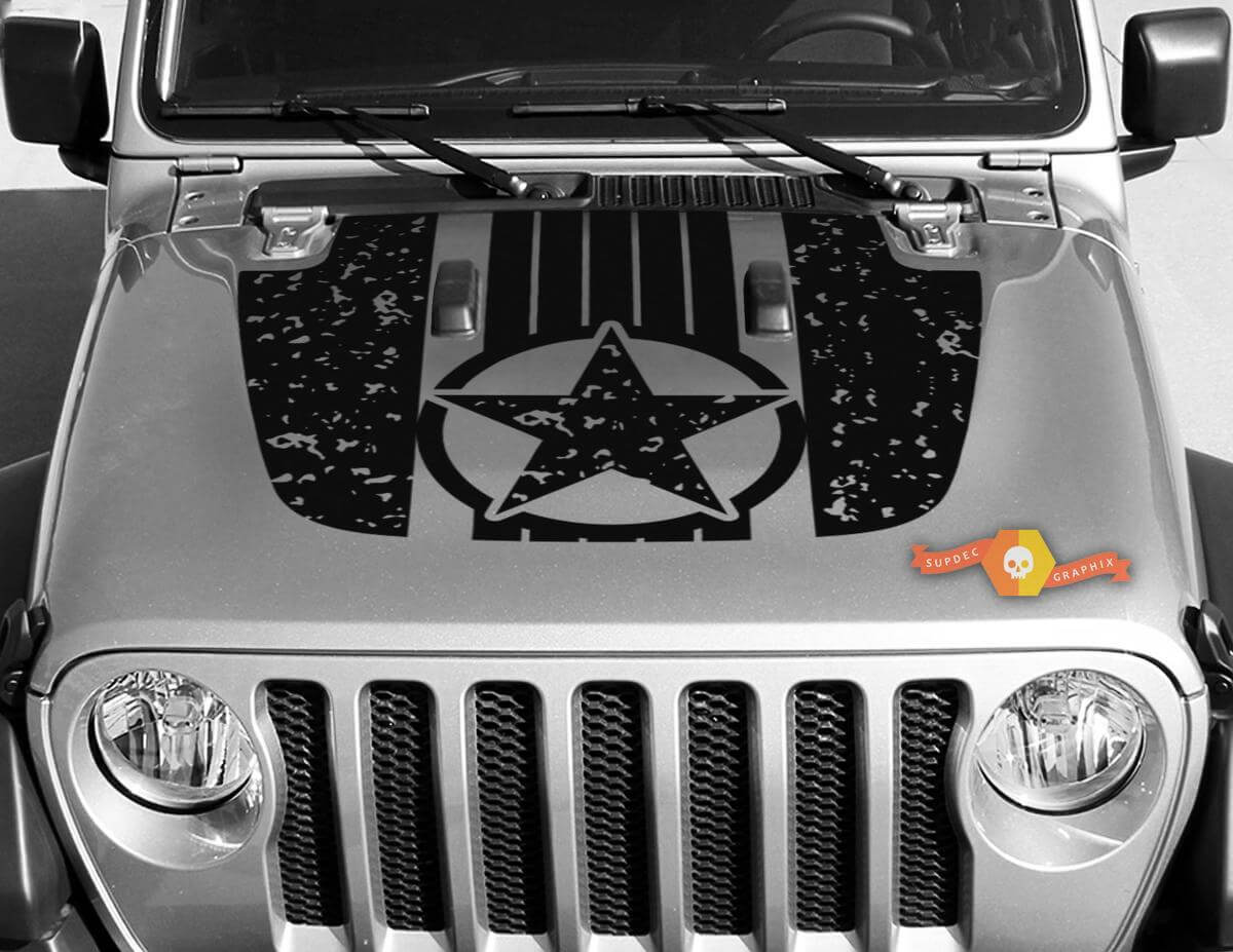 Autocollant en vinyle à capuche camouflage usé Military Star pour Jeep Wrangler et Gladiator