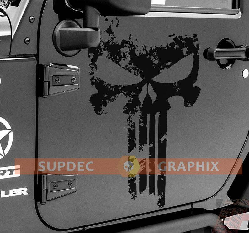 Paire d'autocollants vinyles portes effet usé tête de mort Punisher pour Jeep Wrangler