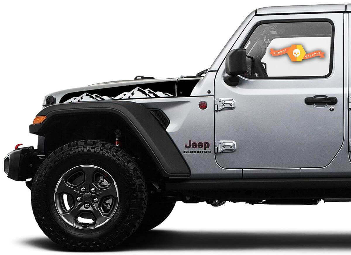 Paire d'autocollants vinyle bandes de capot Mountain pour Jeep Wrangler & Gladiator