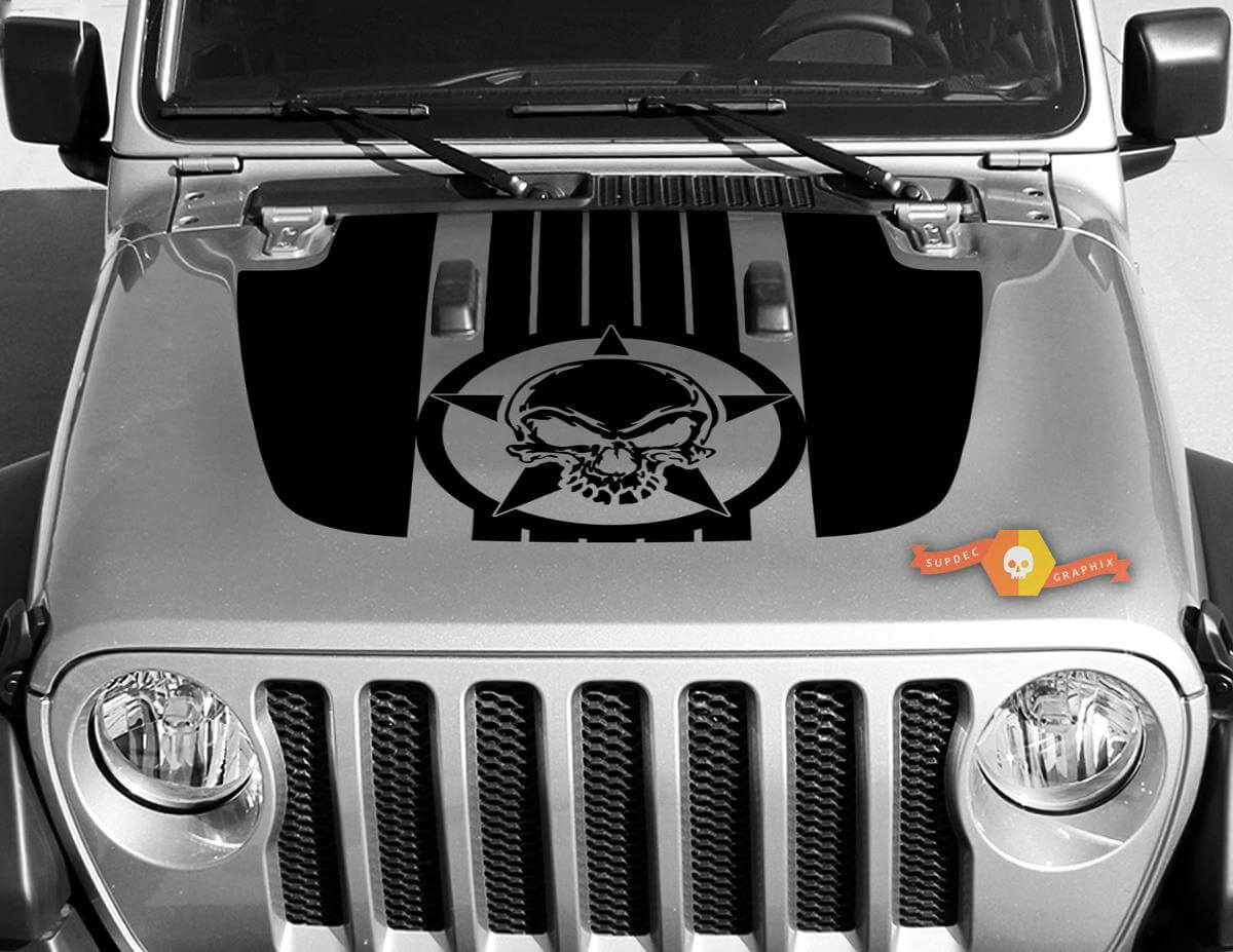 Autocollant vinyle capot Skull étoiles et rayures pour Jeep Wrangler JL JLU et Gladiator JT