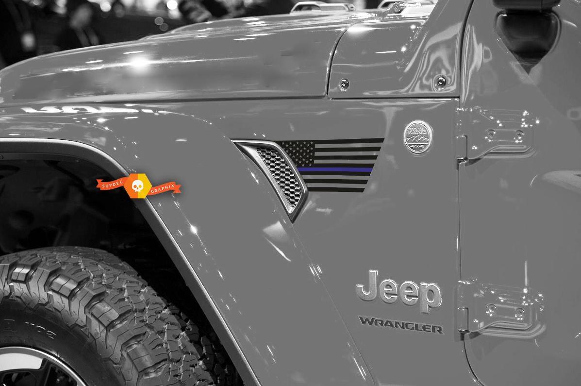 Paire de Jeep Wrangler 2018 JLU Jeep Fender USA Flag Blue Line 2pc Vinyl Sticker Decal Graphic kit pour 2018-2021
