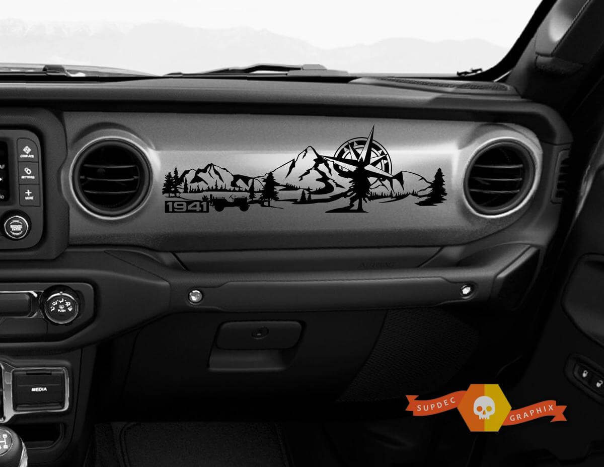 Jeep JL JLU Gladiator Wrangler Dashboard Mountain 1941 Willys avec Compass Scene Vinyl Sticker Decal
