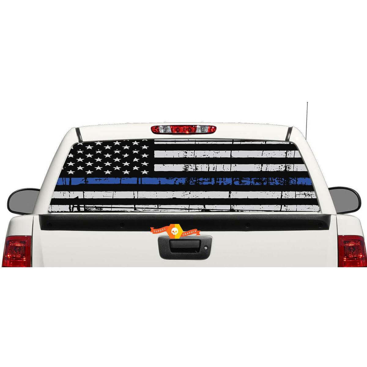 Autocollant vinyle drapeau USA ligne bleue pour lunette arrière ou hayon de pick-up et SUV