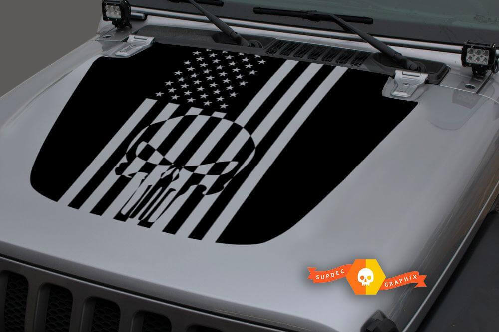 Autocollant en vinyle capot Crâne Punisher Drapeau USA pour Jeep Wrangler et Gladiator