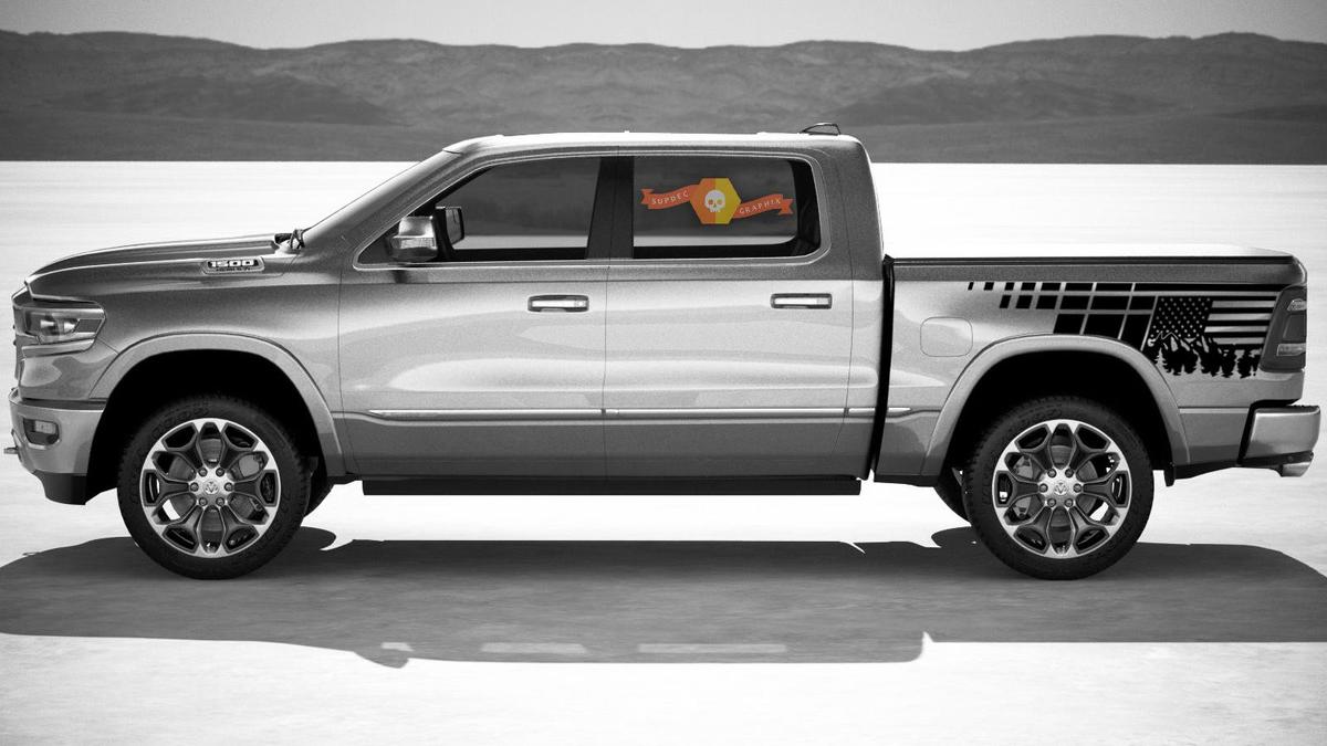 2 autocollants en vinyle avec drapeau américain, montagnes et forêt, Kit d'enveloppe de lit pour Dodge Ram 1500 Hemi 5.7 2018
