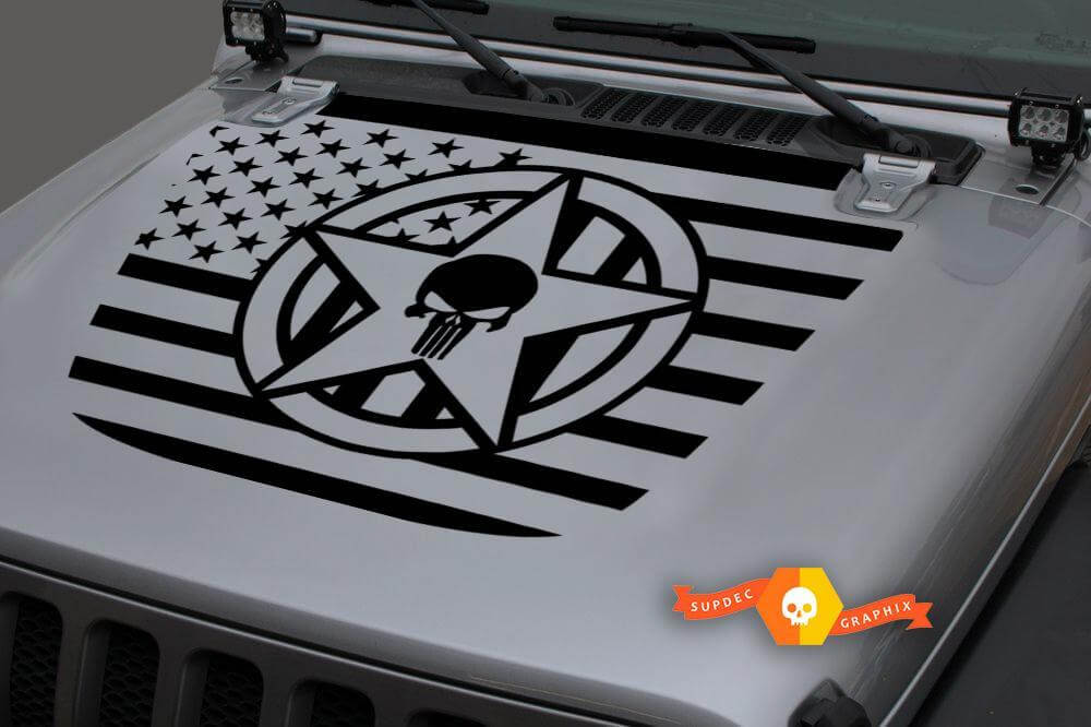 Autocollant en vinyle capot Étoile militaire crâne drapeau USA pour Jeep Wrangler JL JLU & Gladiator JT