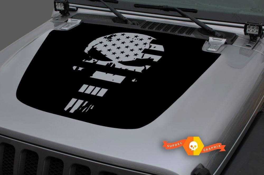 Autocollant en vinyle de capot tête de mort drapeau USA style Punisher pour Jeep Wrangler Gladiator