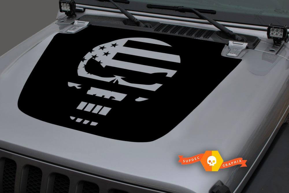 Autocollant en vinyle capot Tête de Mort Punisher avec drapeau US pour Jeep Wrangler JL JLU et Gladiator JT