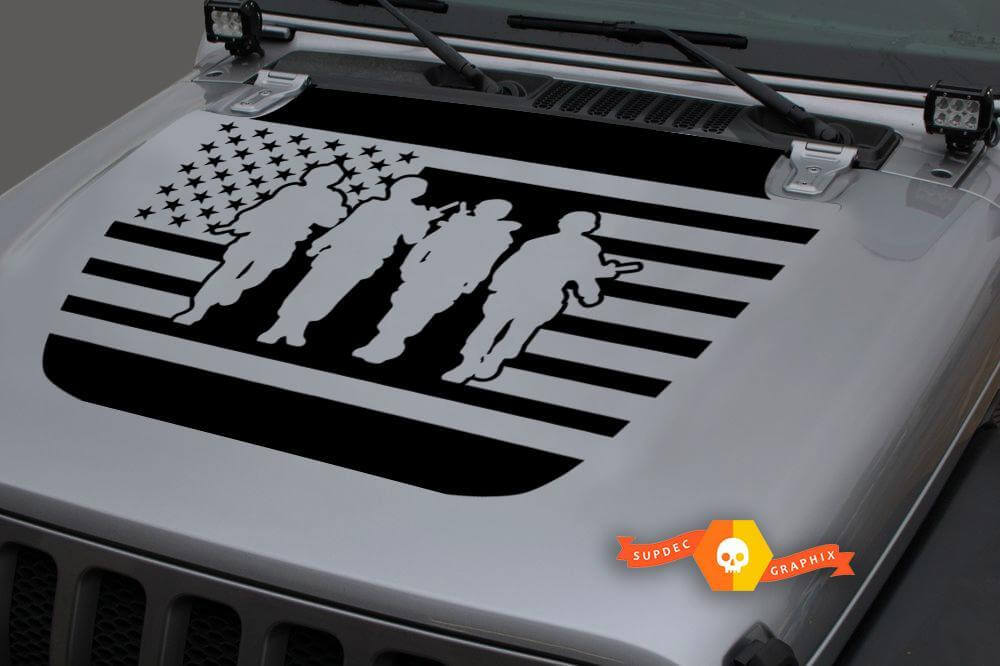 Drapeau US Quatre Soldats Autocollant Vinyle pour Capot Jeep Wrangler JL JLU et Gladiator JT