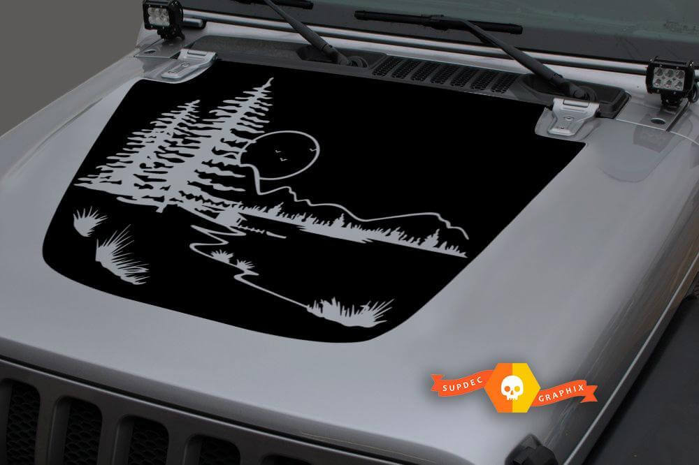 Autocollant en vinyle Capot Forêt Montagnes Lune pour Jeep Wrangler et Gladiator