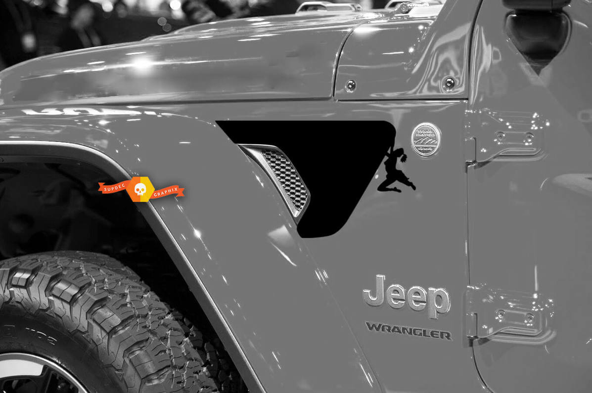 Autocollant en vinyle pour Jeep Wrangler JL JLU jls jts Gladiator Rubicon Female Climber V1 Fender Vent, 2 côtés, pour 2018 – 2021
