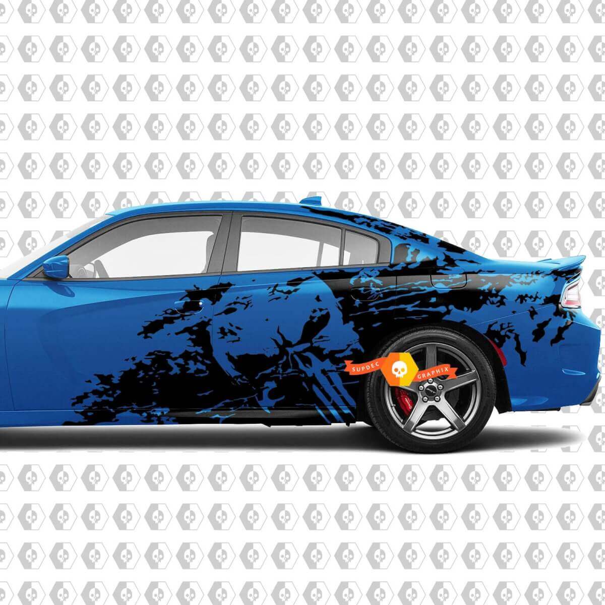 Ensemble d’autocollants vinyle devant et côtés motif crâne Punisher avec éclaboussures de boue pour Dodge Challenger Charger