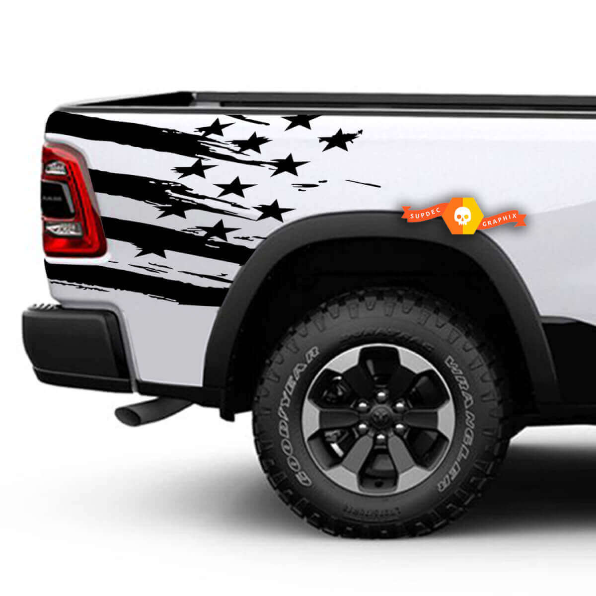Kit d'autocollants vinyle drapeau américain usé pour flanc arrière de Dodge Ram