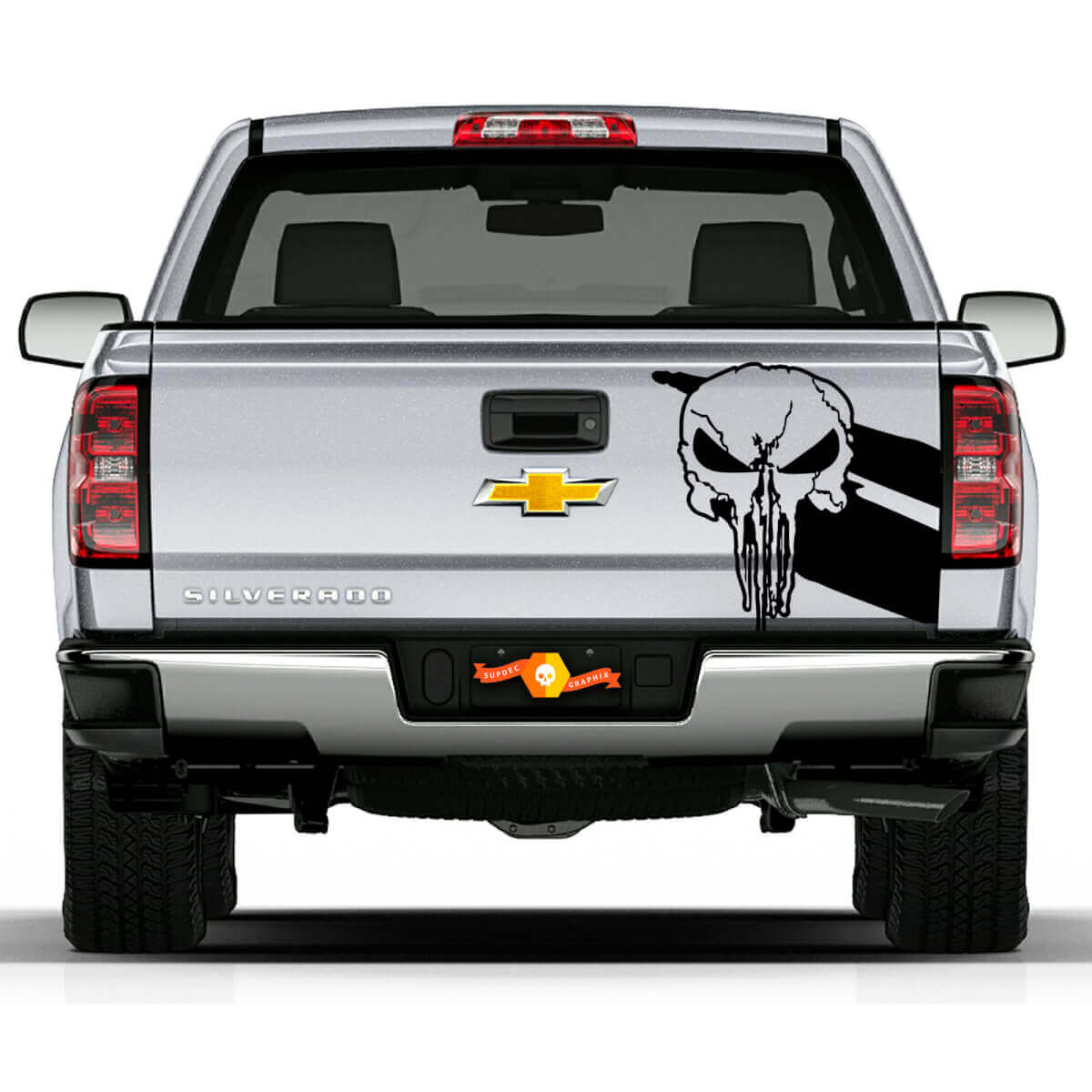 Autocollant vinyle decalque à rayures jumelles tête de mort Punisher pour hayon Chevy Doodge Toyota Jeep Camions