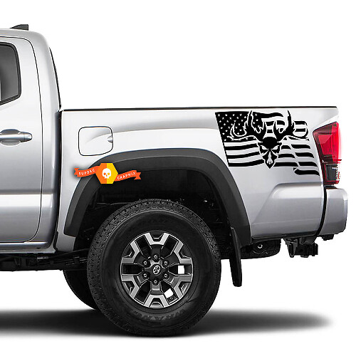 2 États-Unis drapeau crâne corne chasse 4x4 Toyota Racing Tacoma autocollant vinyle autocollant
