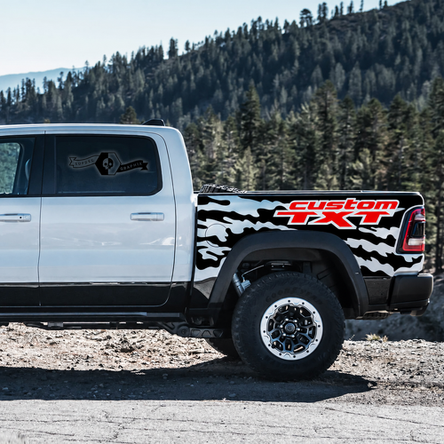 custom TXT Two Color Splatter Pair Côté de benne Autocollant vinyle pour RAM 1500 Rebel, TRX 2021-2026