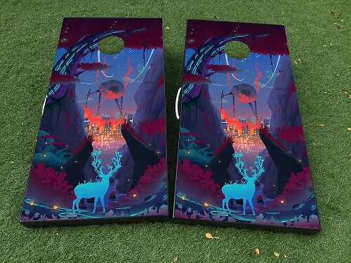 Ensemble de décalcomanies en vinyle pour planche de cornhole forêt de science-fiction abstraite