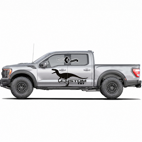 CUSTOM TXT Silhouette de dinosaure Paire d'autocollants vinyle de porte pour Ford F-150 2022