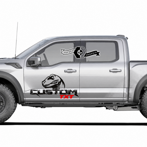 Personnalisé TXT Tête de dinosaure accent rouge Paire d'autocollants en vinyle pour portes Ford F-150 2022