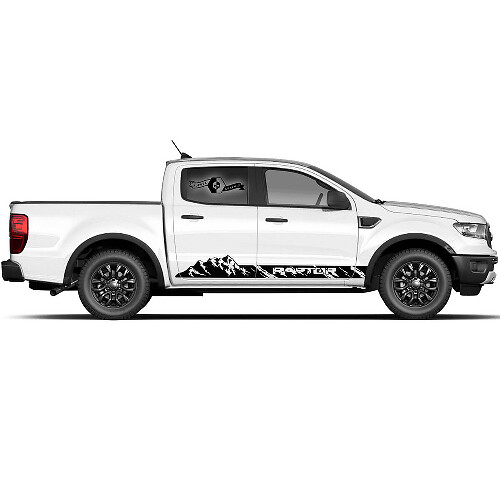 Paire de graphiques de bandes latérales de montagnes en vinyle vieilli pour Ford F150 Raptor 2022
