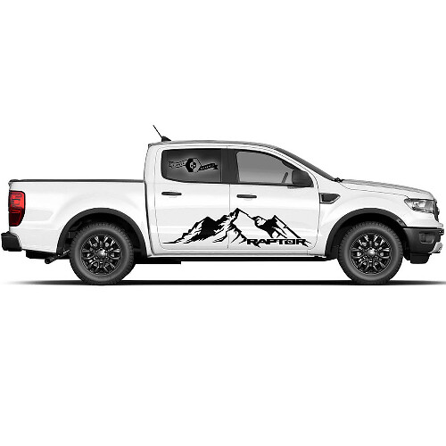Paire de stickers vinyle pour les portes latérales des Ford F150 Raptor 2022 avec graphiques de montagnes
