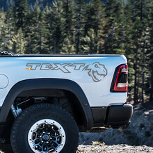 Autocollant en vinyle personnalisé T-Rex et texte pour le côté de lit Dodge Ram Rebel 1500 TRX_2