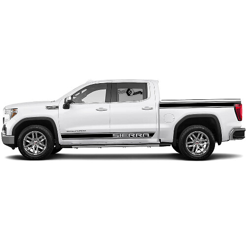Nouvelle paire de bandes latérales pour les portes, les bas de caisse et les autocollants en vinyle pour lit du GMC Sierra 1500.
