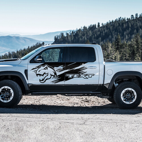 Autocollant Vinyle Décalque Latérale Texte Personnalisé Tête de T-Rex Style Grunge pour RAM 1500 Rebel, TRX 2019-2026_1
