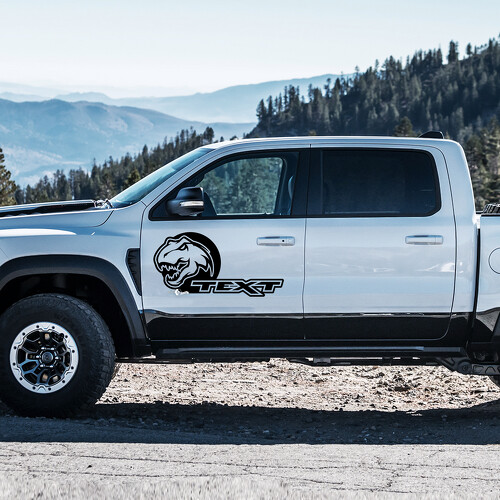 Autocollant vinyle personnalisé texte tête de T-Rex pour porte latérale RAM 1500 Rebel, TRX 2019-2026