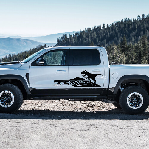 Autocollant vinyle personnalisé texte T-Rex Mountains pour porte latérale RAM 1500 Rebel, TRX 2019-2026