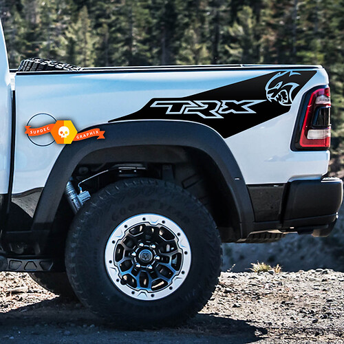 Paire Dodge Ram TRX Hellcat 2021+ Splash Grunge Ram Head Logo Truck Vinyl Sticker Decal bed Graphic
