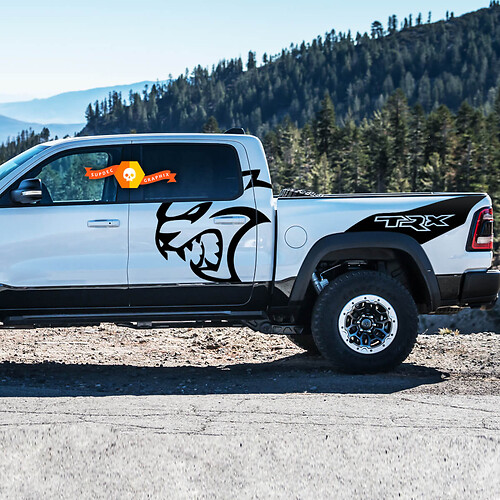Paire Dodge Ram TRX Hellcat 2021+ Splash Ram Head Doors Bed Logo Truck Vinyl Sticker Decal lit Graphique
