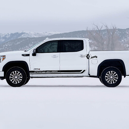 2 Bandes de bas de caisse de portes GMC GM Sierra 1500 AT4 Bandes latérales de lit hors route Détruites Autocollants Détruits
