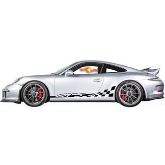 2 Porsche 911 GT3 RS Rocker Panel Side Damier Drapeau Rayures Portes Kit Sticker Autocollant
