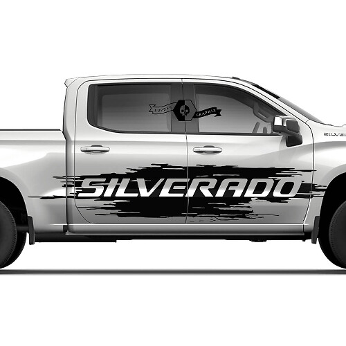 Paire Chevrolet Silverado 2022+ 2023 Autocollant vinyle pour décalcomanie de logo de bande latérale de porte éclaboussure détruite
