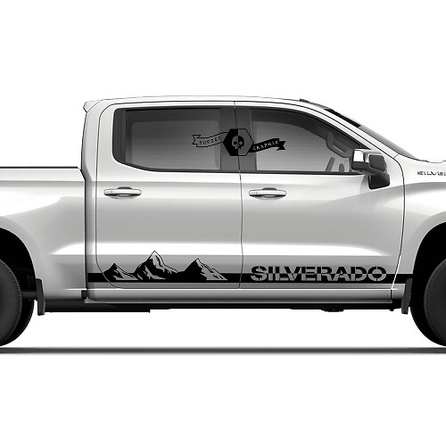 Paire de bandes de vinyle autocollant pour panneau latéral Chevrolet Silverado avec motif de montagnes et ombre de portes
