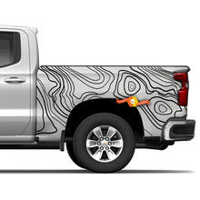 Côté hayon camion Chevrolet Silverado carte topographique contour fond Topo carte découpé vinyle décalcomanies graphique autocollant
 2