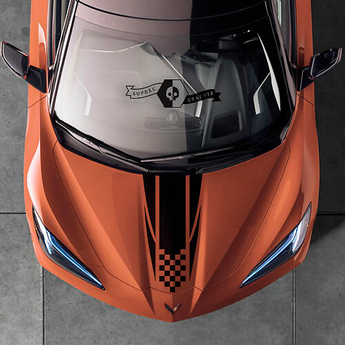 Capot Chevrolet Corvette C8 Stingray Autocollant à damier drapeaux Corvette Rayures
