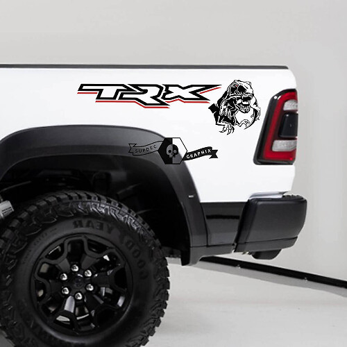 Kit de décalcomanies en vinyle T-Rex mangeant un raptor pour le côté du lit Dodge Ram TRX 2020-23