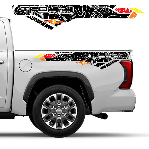 Autocollants vinyle latéraux pour lit de carte topographique de couleurs vintage TRD 4x4 Off Road adaptés pour Toyota Tundra troisième génération XK70 2021 et plus récent.
