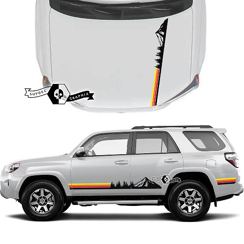 Paire 4Runner 2023 porte latérale capot vieille école coucher de soleil vinyle montagnes forêt décalcomanies bande autocollants pour Toyota 4Runner TRD
