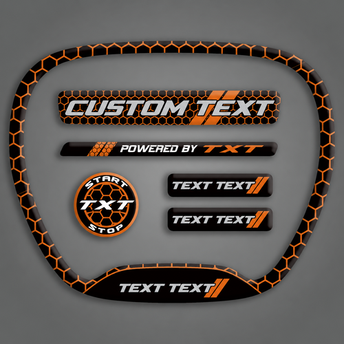SRT Scat Pack Style CUSTOM TEXT TXT TEXT TEXT Cinnamon Orange Domed Interior Set — Autocollant vinyle (volant, bouton de démarrage, porte-clés) pour Dodge Challenger 2015-2023