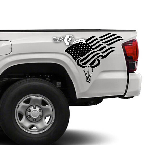 Autocollant en vinyle drapeau USA & crâne de taureau pour cabine de Toyota Tacoma